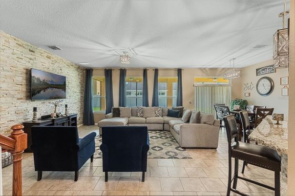 Dining room, Interior, Living room, Pendant Lights, Stone Walls