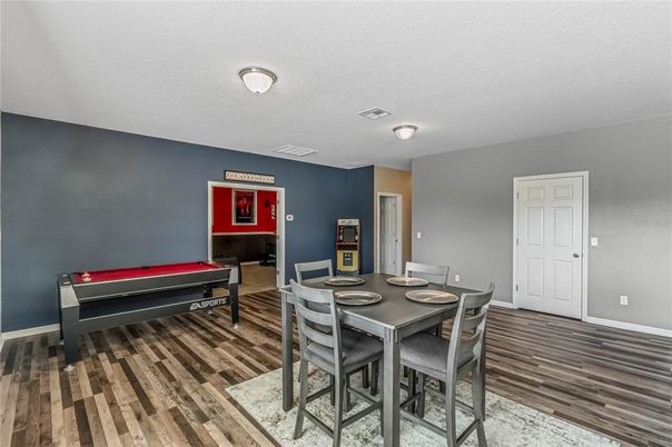 Billiard Table, Dining room, Game Room, Interior, Wood Texture Flooring
