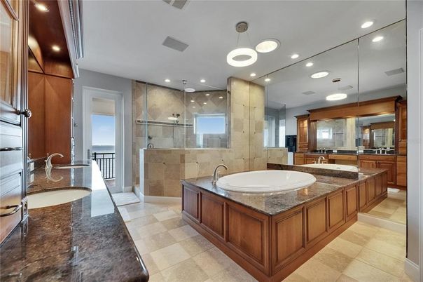 Bathroom, Dual Sink Vanities, Glass Shower, Interior, Pendant Lights, Recessed Lighting
