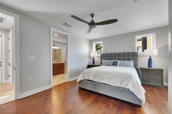 Bedroom, Interior, Recessed Lighting, Wood Texture Flooring