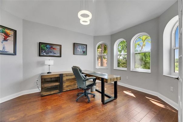 Home Office, Interior, Pendant Lights, Wood Texture Flooring