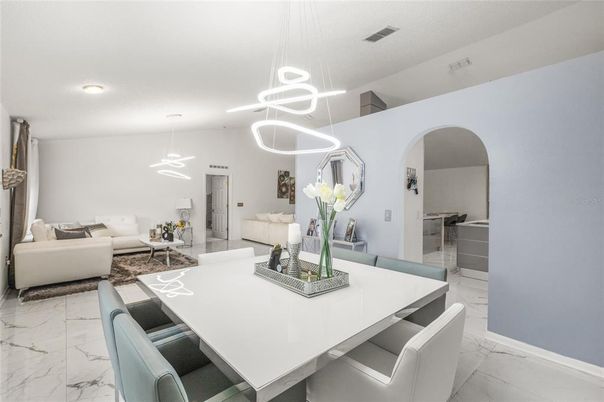 Dining room, Interior, Living room, Marble, Pendant Lights, Recessed Lighting