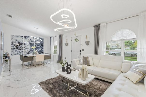 Dining room, Interior, Living room, Marble, Pendant Lights
