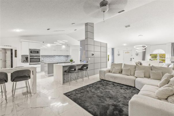 Interior, Kitchen, Living room, Marble, Pendant Lights, Recessed Lighting, Stainless Steel Appliances