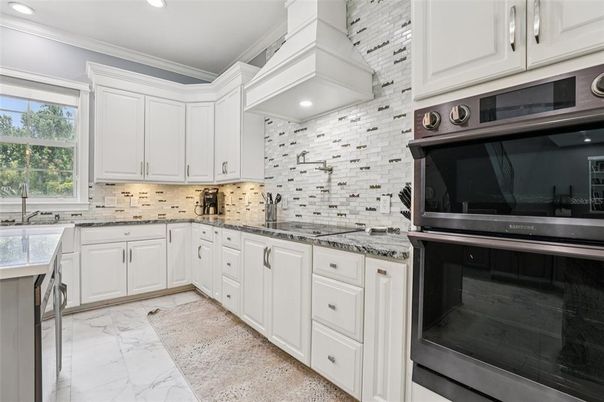 Interior, Kitchen, Marble, Recessed Lighting, Stone Walls
