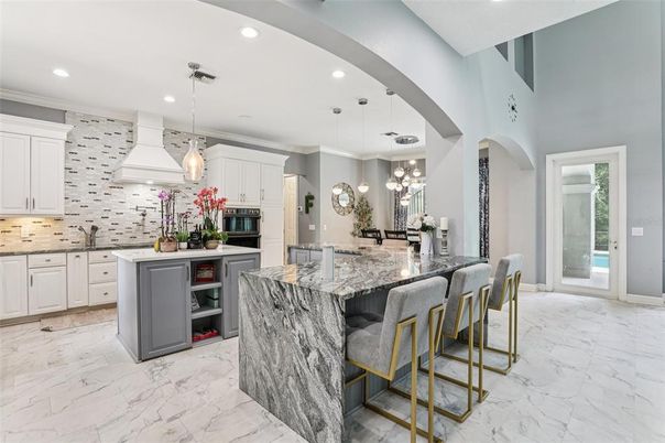Interior, Kitchen, Marble, Pendant Lights, Recessed Lighting, Stainless Steel Appliances
