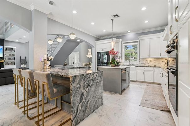 Interior, Kitchen, Marble, Pendant Lights, Recessed Lighting, Stainless Steel Appliances