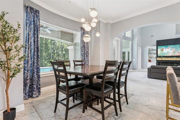 Dining room, Interior, Living room, Marble, Pendant Lights