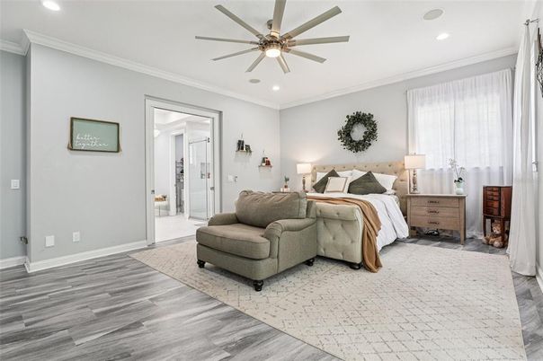 Bedroom, Interior, Recessed Lighting, Wood Texture Flooring