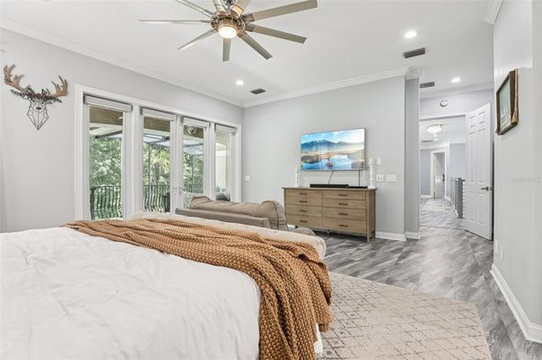 Bedroom, Interior, Recessed Lighting, Wood Texture Flooring