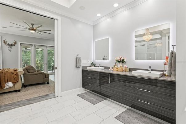 Bathroom, Dual Sink Vanities, Interior, Marble, Recessed Lighting