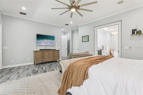 Bedroom, Interior, Recessed Lighting, Wood Texture Flooring