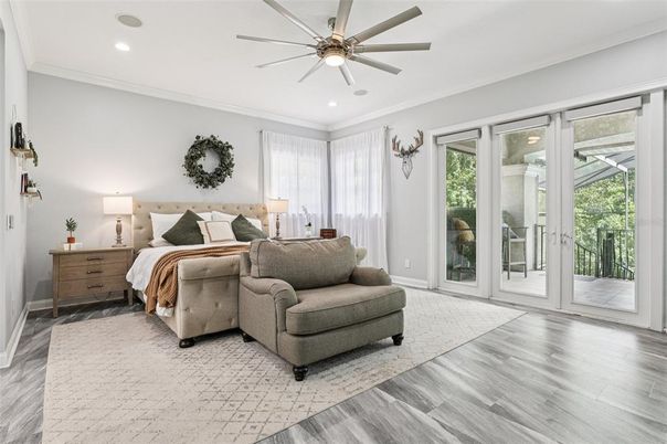 Bedroom, Interior, Recessed Lighting, Wood Texture Flooring
