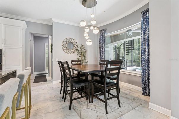 Dining room, Interior, Marble, Pendant Lights