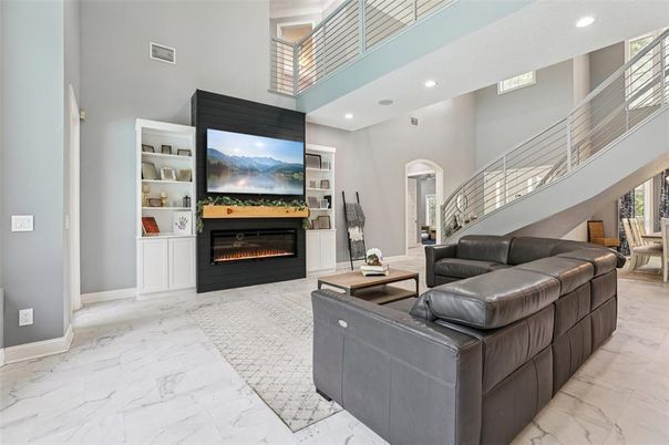 Fireplace, Interior, Living room, Marble, Recessed Lighting