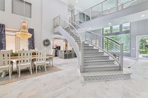 Chandelier, Dining room, Interior, Marble, Recessed Lighting
