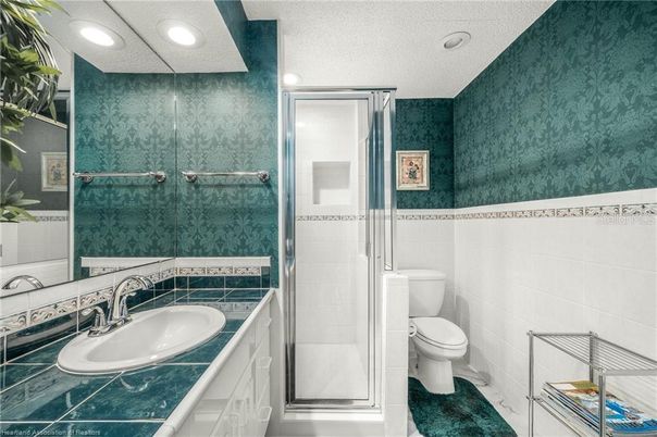 Bathroom, Glass Shower, Interior, Recessed Lighting, Tile Countertops