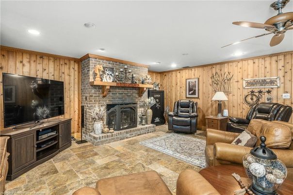Fireplace, Interior, Living room, Recessed Lighting, Stone Walls, Wooden Walls