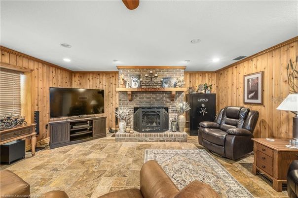 Fireplace, Interior, Living room, Recessed Lighting, Stone Walls, Wooden Walls