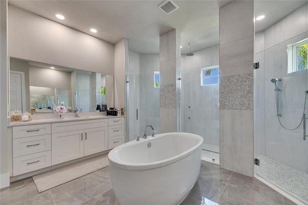 Bathroom, Dual Sink Vanities, Free Standing Baths, Glass Shower, Interior, Recessed Lighting