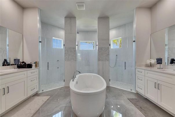 Bathroom, Dual Sink Vanities, Free Standing Baths, Glass Shower, Interior