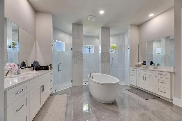 Bathroom, Dual Sink Vanities, Free Standing Baths, Glass Shower, Interior, Recessed Lighting