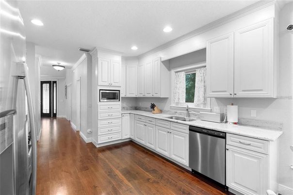 Interior, Kitchen, Recessed Lighting, Stainless Steel Appliances, Wood Texture Flooring