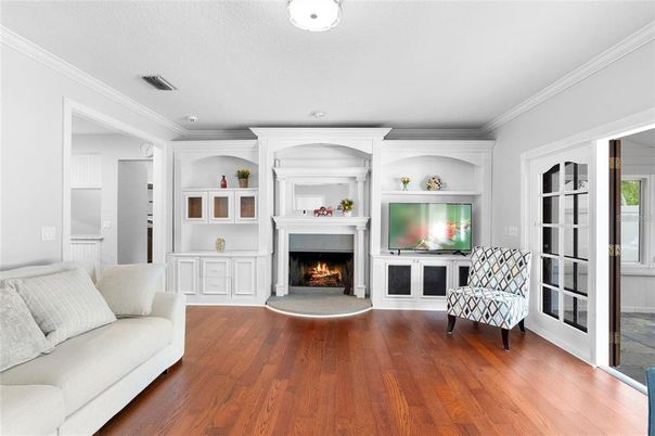 Fireplace, Interior, Living room, Recessed Lighting, Wood Texture Flooring