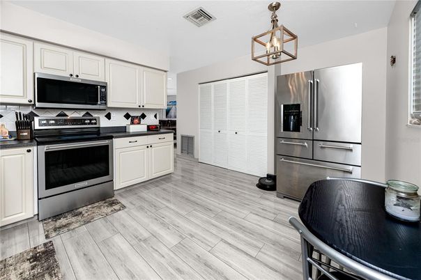 Interior, Kitchen, Pendant Lights, Stainless Steel Appliances, Wood Texture Flooring