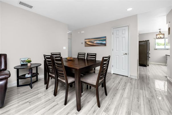 Dining room, Interior, Recessed Lighting, Wood Texture Flooring
