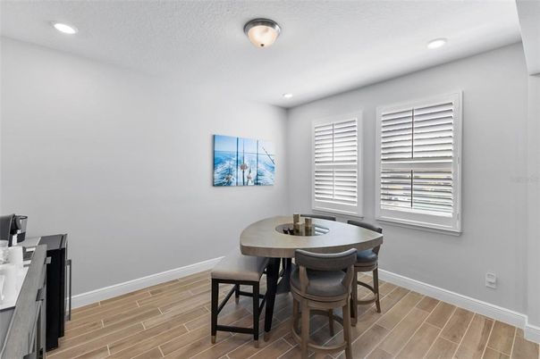 Dining room, Interior, Recessed Lighting, Wood Texture Flooring