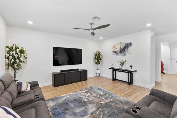 Home Theatre Room, Interior, Living room, Recessed Lighting, Wood Texture Flooring