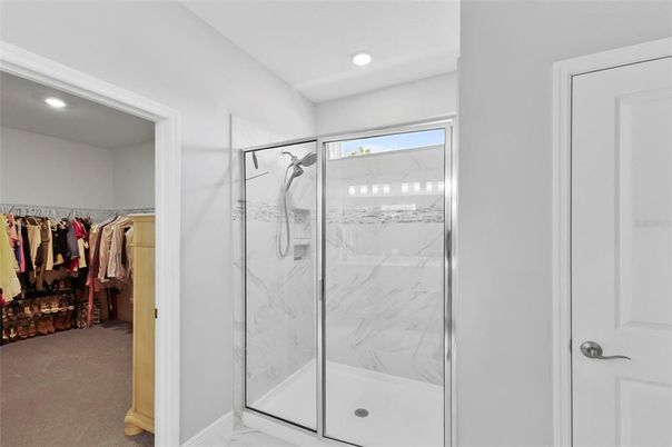 Bathroom, Glass Shower, Interior, Marble Walls, Recessed Lighting, Walk-in Closets