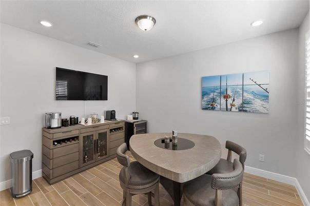 Dining room, Interior, Recessed Lighting, Wood Texture Flooring