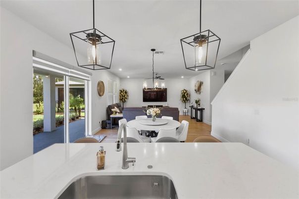Dining room, Interior, Pendant Lights, Recessed Lighting, Wood Texture Flooring