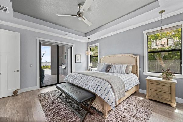 Bedroom, Interior, Pendant Lights, Wood Texture Flooring