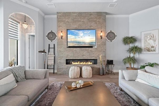 Fireplace, Interior, Living room, Pendant Lights, Stone Walls, Wood Texture Flooring