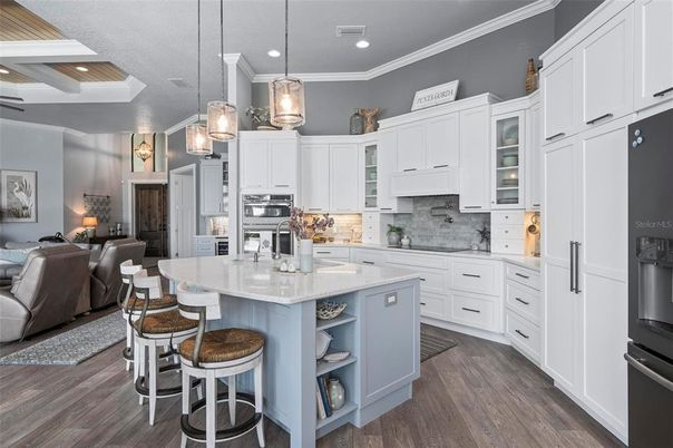 Interior, Kitchen, Living room, Pendant Lights, Recessed Lighting, Stainless Steel Appliances, Wood Texture Flooring