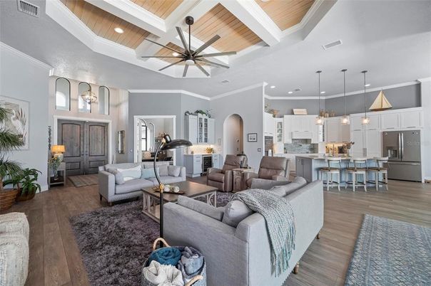 Interior, Kitchen, Living room, Pendant Lights, Recessed Lighting, Stainless Steel Appliances, Wooden Ceilings, Wood Texture Flooring