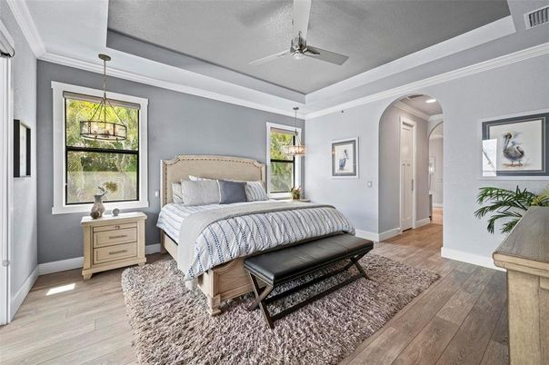 Bedroom, Interior, Pendant Lights, Wood Texture Flooring
