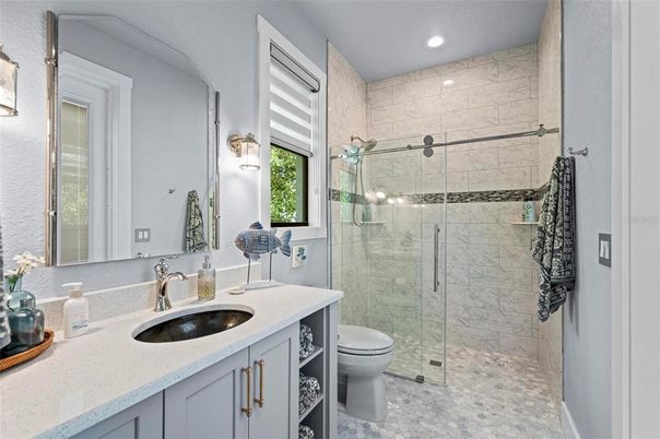 Bathroom, Glass Shower, Interior, Marble Walls, Recessed Lighting