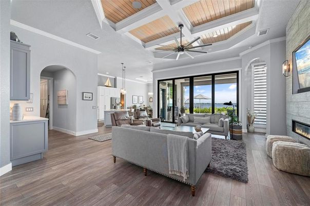 Fireplace, Interior, Living room, Pendant Lights, Recessed Lighting, Wooden Ceilings, Wood Texture Flooring