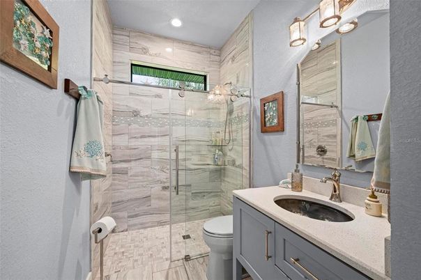 Bathroom, Glass Shower, Interior, Marble Walls, Recessed Lighting