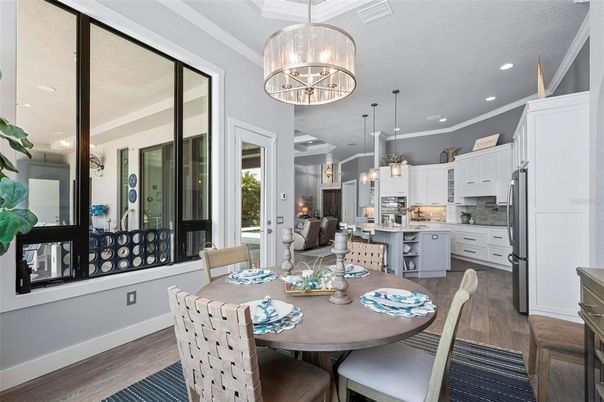 Chandelier, Dining room, Interior, Kitchen, Pendant Lights, Recessed Lighting, Wood Texture Flooring