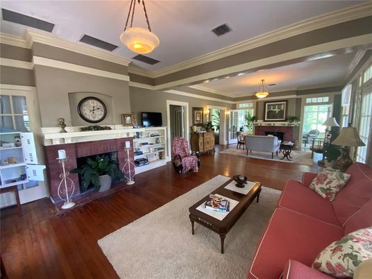Dining room, Fireplace, Interior, Living room, Pendant Lights, Recessed Lighting, Wood Texture Flooring