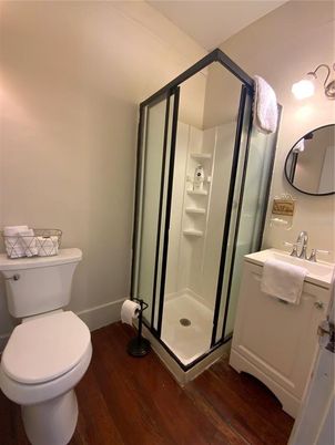 Bathroom, Glass Shower, Interior, Wood Texture Flooring