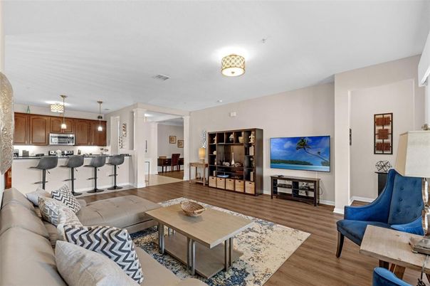 Interior, Kitchen, Living room, Pendant Lights, Stainless Steel Appliances, Wood Texture Flooring