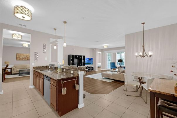 Chandelier, Dining room, Interior, Kitchen, Living room, Pendant Lights, Wood Texture Flooring