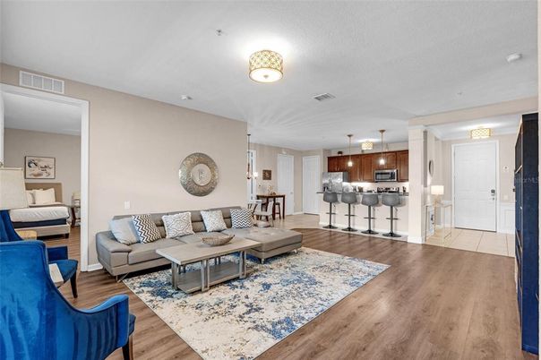 Interior, Kitchen, Living room, Pendant Lights, Wood Texture Flooring