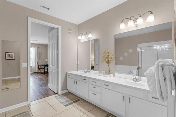 Bathroom, Dual Sink Vanities, Glass Shower, Interior, Wood Texture Flooring